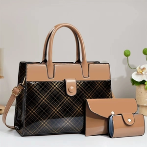 Three-piece women's handbag set in tan and black checkered patent leather for daily commute