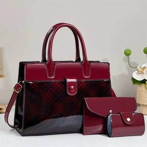 3-piece burgundy patent leather handbag set with plaid pattern and top handles