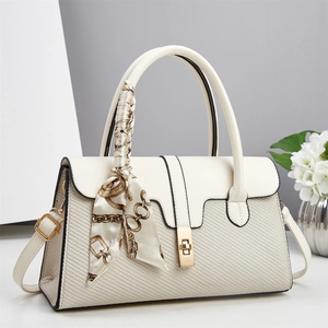 Elegant off-white women's handbag featuring textured panels and a decorative silk scarf