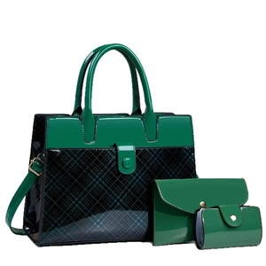 Three-piece dark green patent leather handbag set featuring tote, wallet, and card holder