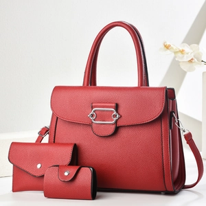 Three-piece red PU leather bag set including tote and wallet with lychee texture