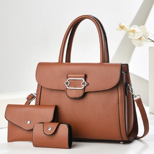 Brown litchi grain PU leather 3-piece bag set with tote, clutch and key pouch