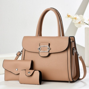 3-piece khaki lychee faux leather handbag set including tote, wallet and coin purse