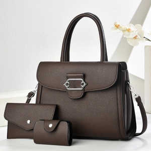 Deep brown lychee textured 3-piece bag set with tote, wallet and small pouch