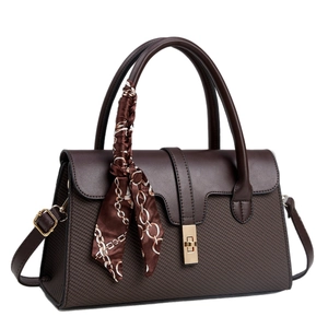 Elegante borsa da donna marrone scuro con trama a rombi e manico con foulard in seta