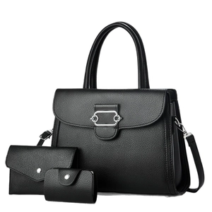Three-piece black litchi pattern handbag set including tote, wallet, and card holder