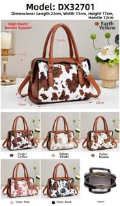 Detailed view of tote bag size measurements and five colors in cow print pattern