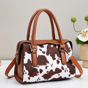 Cow Print Boston Bag Vintage PU Leather Handbag With Adjustable Shoulder Strap For Women Retro Large Capacity