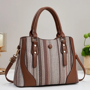 Sac fourre-tout tissé à rayures avec poignées en cuir marron et bandoulière