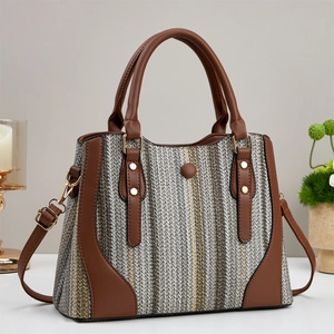 Sac à main tricolore en cuir et toile tissée avec bandoulière réglable pour femmes