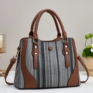 Sac à Main Femme Tissé à Rayures Contrastées Grande Capacité Finition Cuir PU Sac Bandoulière Fourre-Tout Pour Voyage Quotidien