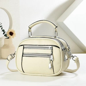 Minimalist cream lychee leather handbag with multi-layer zippers and top handle