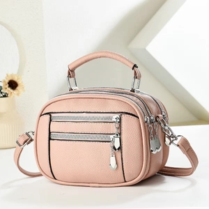Pink lychee grain multi-layer crossbody phone bag with silver zippers and top handle