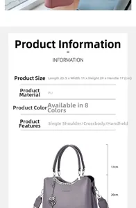 Detailed size chart for purple PU leather handbag showing 25.5x11x20cm dimensions