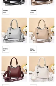 Multiple colors of women's tote bags with wide woven straps and heart key charms