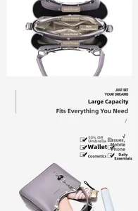 Detailed interior of purple handbag showing five functional compartments and large capacity