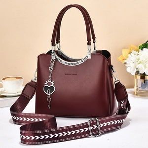 Women PU Leather Handbag Large Capacity Crossbody Bag With Wide Patterned Strap Heart Lock Charm Elegant Daily Bag