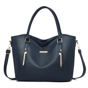Navy blue lychee pattern PU leather tote bag with gold hardware and shoulder strap