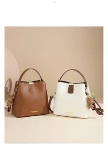 Detailed view of bucket bags with round handles, golden locks, and fashion bear pendants