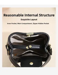 Top view showing grey herringbone lining and functional interior pockets of the bucket bag