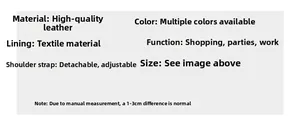 Detailed chart showing premium leather material and adjustable straps for the bucket bag