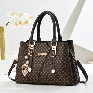 Women Elegant PU Leather Tote Bag Monogram Letter Print Handbag With Metal Leaf Pendant Large Capacity Commuter Shoulder Bag