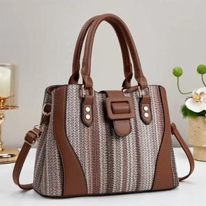 Stylish woven plaid handbag in brown and beige with adjustable shoulder strap for women