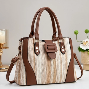 Large capacity striped hand woven tote bag with faux leather trim and shoulder strap