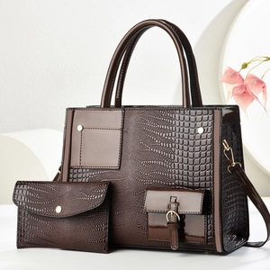 Dark brown faux crocodile leather tote bag set with matching long wallet and chain strap