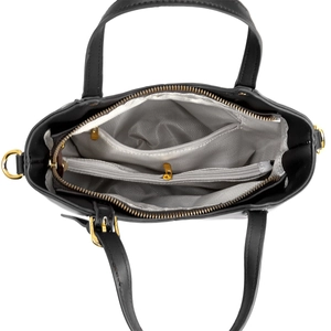 Vue de dessus des trois compartiments intérieurs avec doublure et zip doré