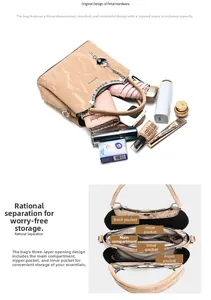 Internal structure of apricot handbag with triple compartments and multiple storage pockets