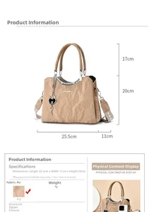 Detailed dimensions of brown PU leather pleated handbag with 25.5x11x20cm size chart