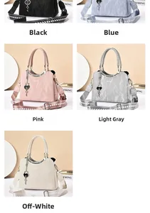 Detailed grid of fashion tote bags in five colors with patterned wide straps and heart charms