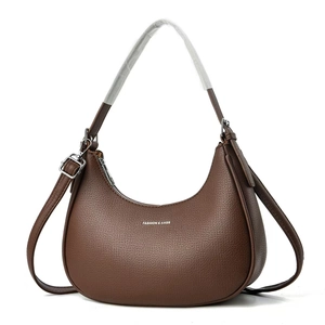 Brown lychee leather hobo shoulder bag with moon shape and fashion bags logo text