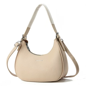 Beige lychee leather hobo bag with crescent design and adjustable shoulder strap