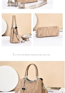 Detailed views of khaki tote with wrinkled leather texture and wide patterned shoulder strap