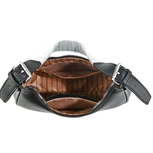 Interior view of black crescent bag showing striped lining and functional compartments