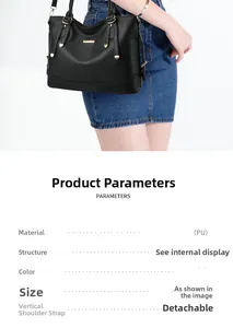 Detail of black PU leather tote with lychee texture and detachable shoulder strap