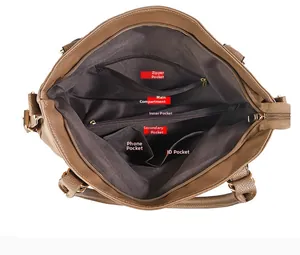 Detailed view of tote bag interior with multiple compartments and zipper pockets