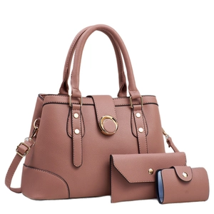 Ensemble de 3 sacs à main femme en cuir grainé rose poudré avec bandoulière réglable