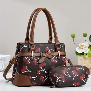Set borsa a mano da donna con stampa ciliegie e dettaglio fiocco in pelle marrone