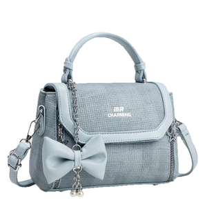 Sac à main bleu clair grande capacité avec nœud décoratif et chaîne argentée chic