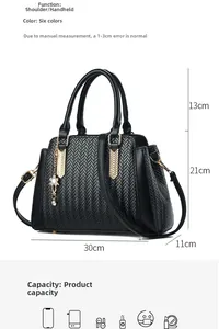 Detailed size chart for women's embossed tote bag with 30cm width and capacity info