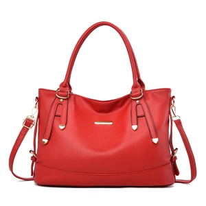 Red luxury lychee grain leather tote bag with gold hardware and adjustable strap