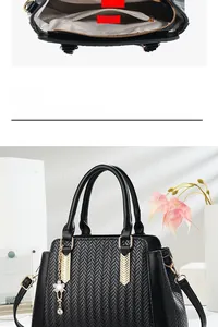 Detail view of woven black handbag with gold hardware and internal multi-layer pockets