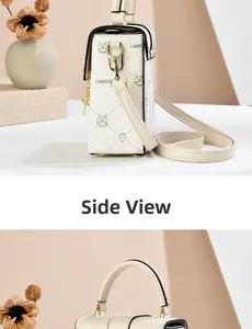 Detailed side view of off-white mini crossbody bag with cartoon prints and metal lock