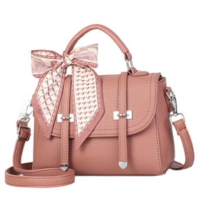 Pinkish brown lychee pattern leather handbag with patterned silk scarf and silver clasp