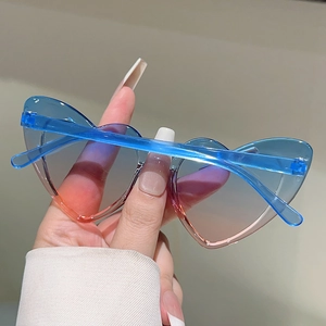 Close-up of heart-shaped kids' sunglasses with blue-pink gradient lenses and blue frame
