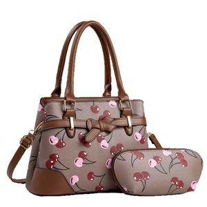 Set borsa da donna con stampa a ciliegia, portamonete coordinato e tracolla in pelle sintetica