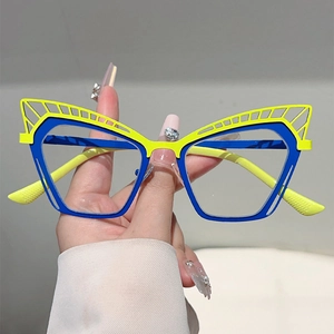 Lunettes Anti Lumière Bleue Œil De Chat Métal Ajouré Monture Papillon Bloc De Couleur Sans Correction Femme